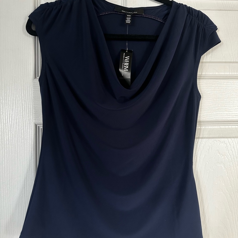 White House Black Market Navy Drape Neck Blouse XXS